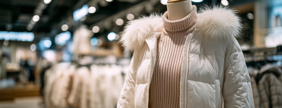 White winter female jacket on display in a modern retail store  