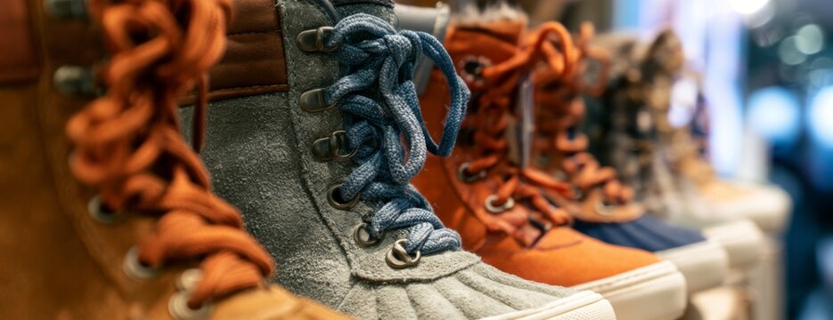 Winter boots displayed in a shop window with various colors, close-up photo  