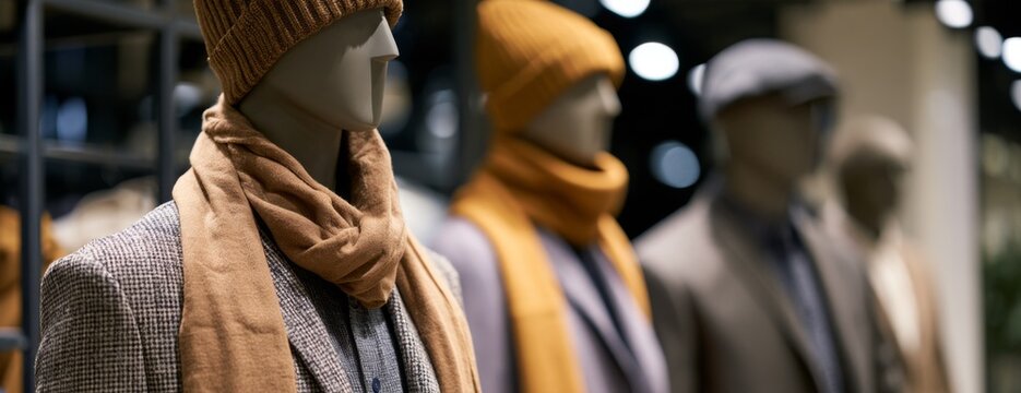 Tailored mannequins wearing stylish winter men outfits in a retail store  