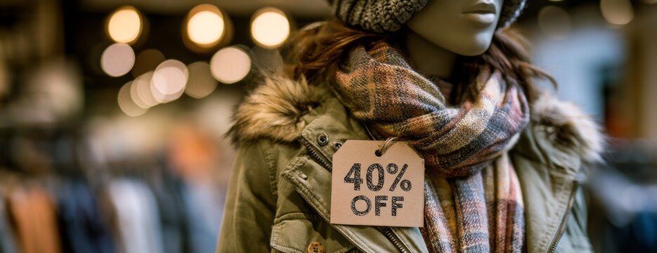 Mannequin displaying winter clothing with sale tag 40% off in retail store  
