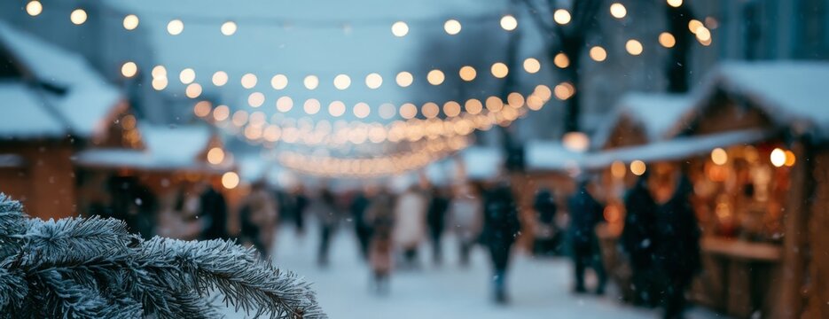 Winter holiday market with lights and pines in a snowy street  