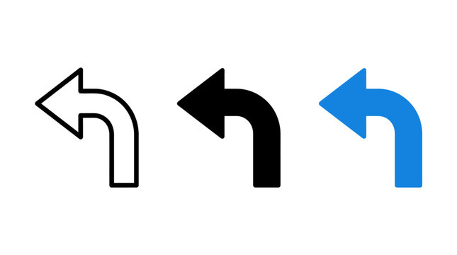 Directional left turn arrow symbol in multiple visual variations with navigation