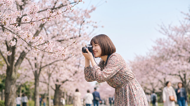 Young woman photographing cherry blossoms with vintage camera in spring flowering garden
