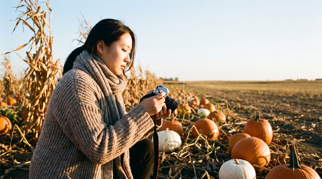 Woman holding camera photographing pumpkin patch in autumn field at sunset