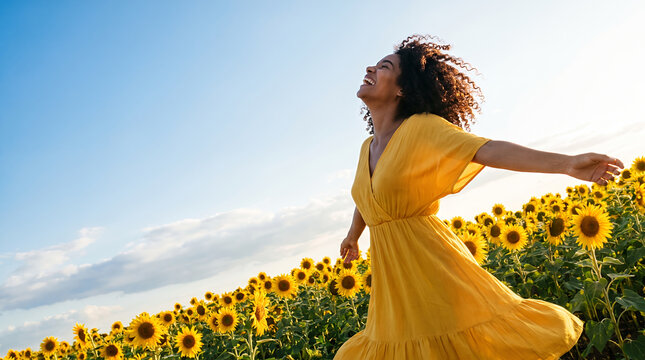 Woman in yellow dress standing in sunflower field with arms spread wide outdoors