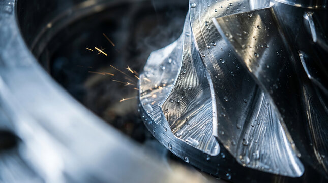 CNC machined steel turbine with water droplets and sparks, detailed industrial close-up, perfect for engineering sites, manufacturing ads and tech blogs
