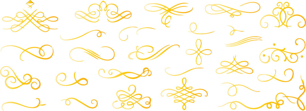 Decorative vintage flourish ornaments and scrolls in yellow line art