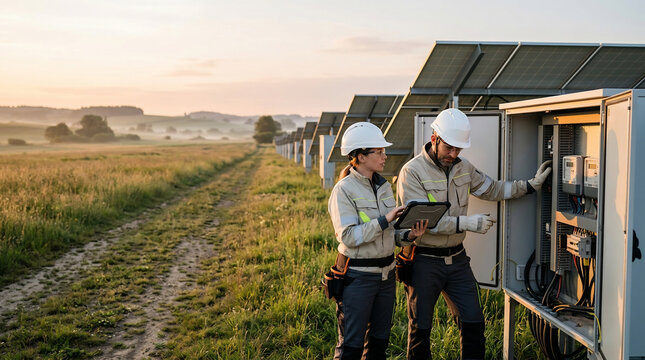 Engineers in hard hats using tablet at solar farm electrical box during sunrise, suitable for green energy ads, industry reports and technology blogs