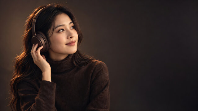 Asian woman, red scarf, gray sweater, ponytail, autumn fashion, winter fashion, young adult woman, looking over shoulder, studio portrait, smiling woman, knit scarf, casual fashion, warm clothing, lon