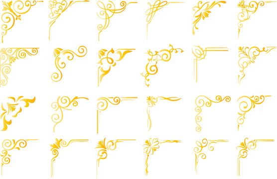 Set of gold decorative flourishes designed as vintage corner ornaments