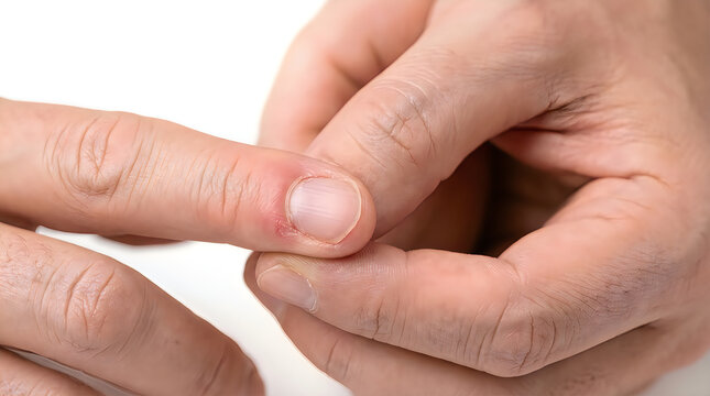 Close up of man holding inflamed finger presenting paronychia nail infection skin irritation erythema and swelling.