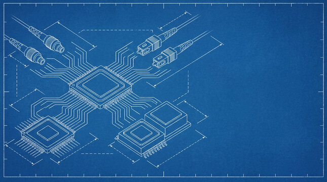 Technology circuit board connections diagram with cables on blueprint
