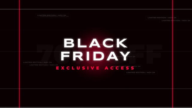 Exclusive access black friday notification displays modern white typography centered against a minimal dark aesthetic promotional template.