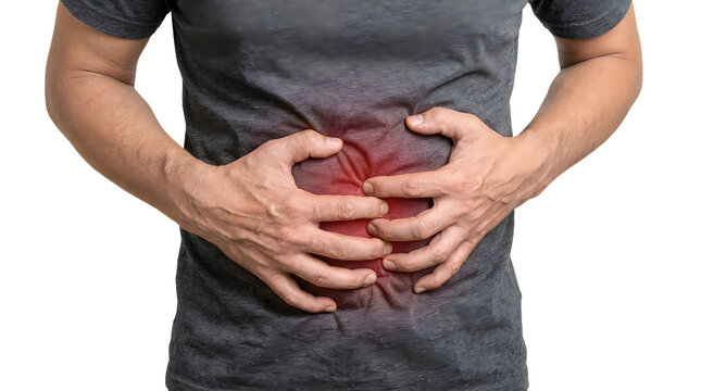 Man experiencing stomach pain holding his abdomen with a red spot indicating discomfort and requiring attention.