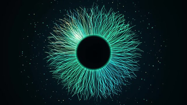 Abstract cyan blue light particles forming circular eye iris shape on dark background.