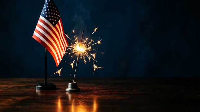 American flag waving dramatically against a dark background with vibrant fireworks display