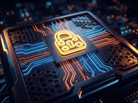Glowing security padlock icon centered on a high tech computer motherboard with protection cybersecurity encryption processor microchip hardware