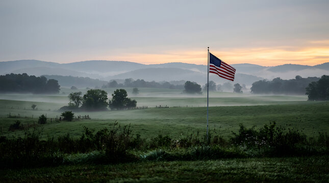 American flag waving in the breeze at sunrise over a misty landscape