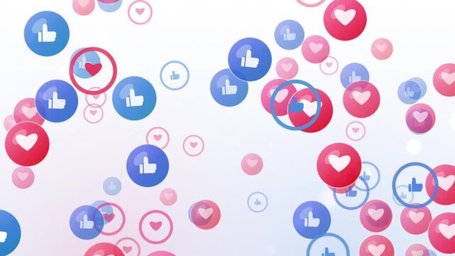 Floating social media like and heart icons rising over bright white background loop.