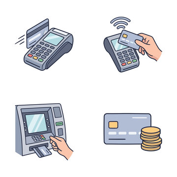 Illustrated payment methods and banking devices collection.