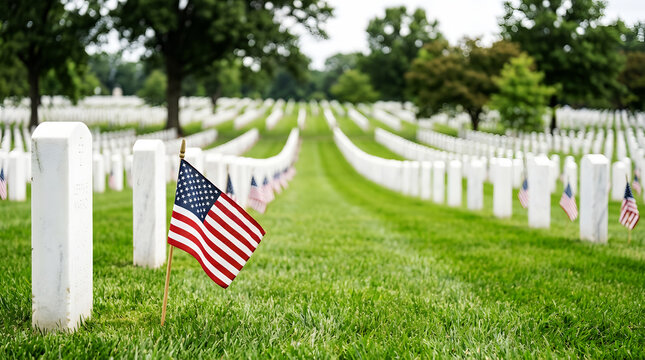 American cemetery with rows of white headstones and a waving united states flag