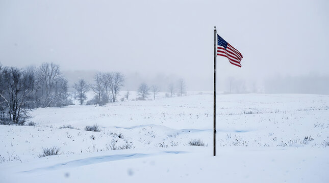 American flag waving proudly in the winter snow against a blurred background
