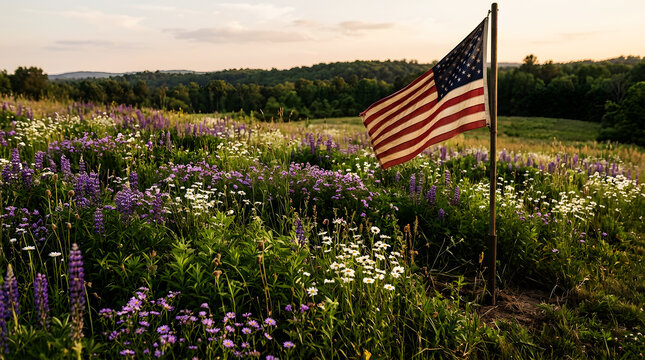 American flag waving above a field of wildflowers at dusk