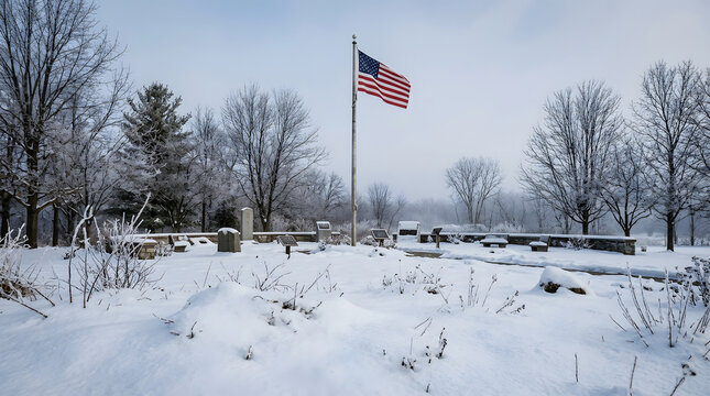Snowy american landscape with a waving united states flag on a winter day