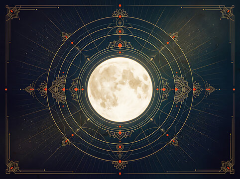 Ivory Full Moon Surrounded by Intricate Gold Concentric Circles and Radial Geometry
