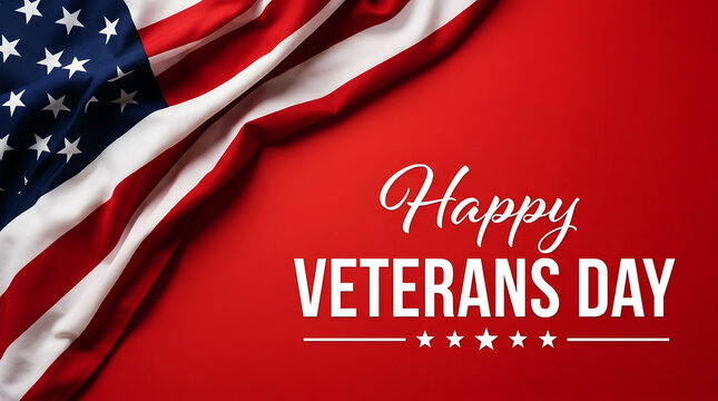 Festive veterans day greeting with a flowing american flag on a vibrant red background