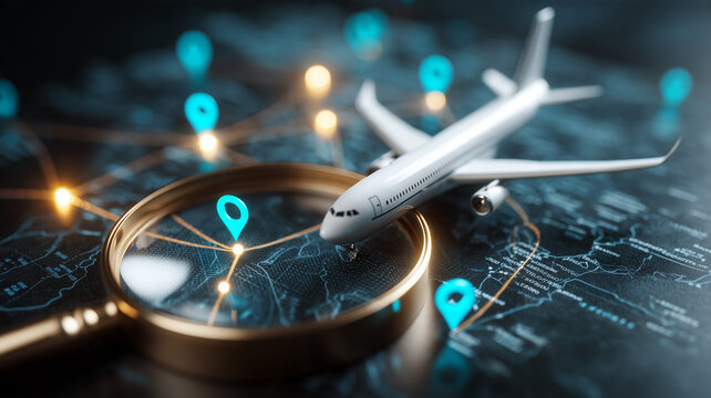 A passenger airplane above a magnifying glass and digital route map illustrates flight tracking and intelligent air travel navigation.