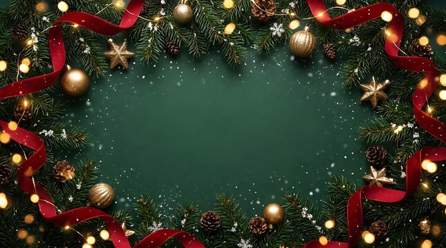 Festive Green Frame with Pine Boughs Gold Ornaments Red Ribbon