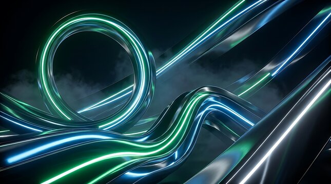 Glowing Neon Curves and Rings in Dark Futuristic Scene