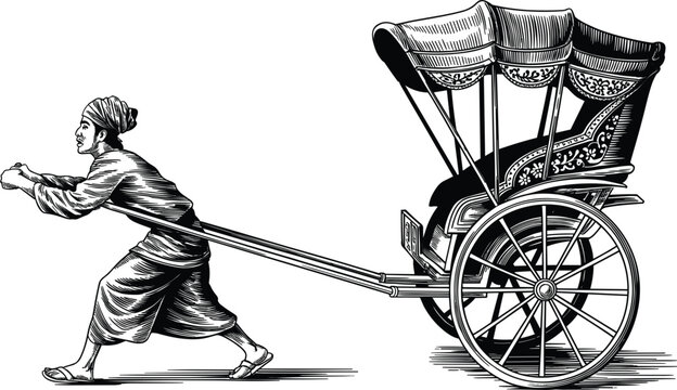 Vintage hand pulled rickshaw vector illustration, traditional Asian transport sketch engraving isolated on white background