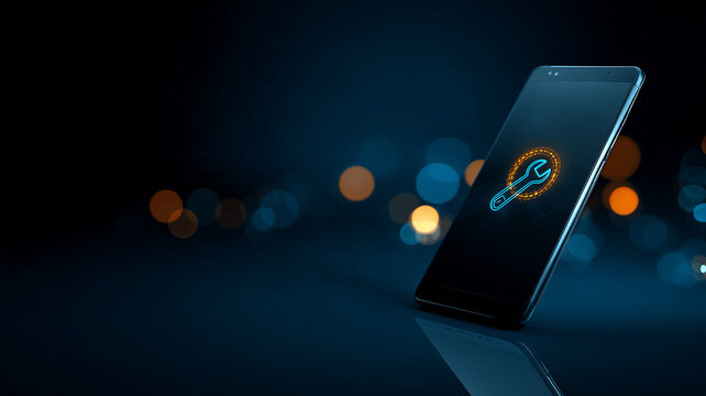 A smartphone displaying a wrench icon on its screen representing mobile device maintenance and digital technical support.