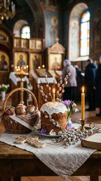 Easter cake with burning candle sits on linen tablecloth alongside woven wicker basket containing decorated egg, wooden cross, pussy willow branch, spring flower inside orthodox church interior.