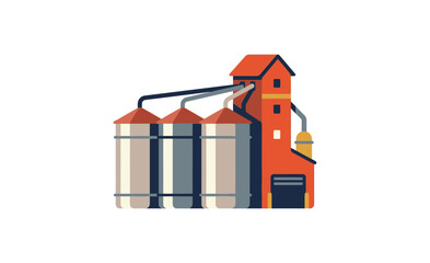 Grain silos and industrial building depicted in a flat vector illustration © Nasima