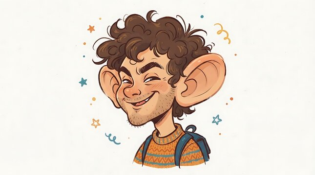 Smiling Caricature Adolescent Boy with Big Ears Wearing Sweater and Backpack