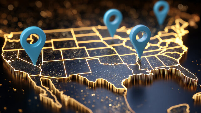 A map of the United States marked with location pins illustrating geographic tracking and nationwide logistics network planning.