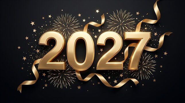 Shiny Gold 2027 Numbers with Ribbon Confetti and Fireworks