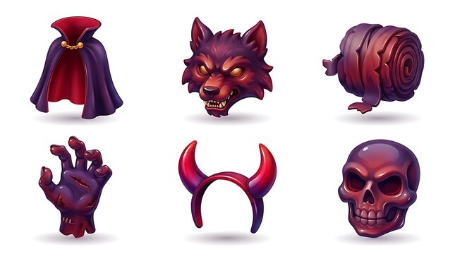 Spooky monster icons featuring vampire cape fierce werewolf head wrapped bandage mummy arm devil horns headband and human skull for video game interface design elements with vivid purple tones