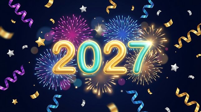 Bright 2027 Neon Numbers with Fireworks and Confetti Celebration