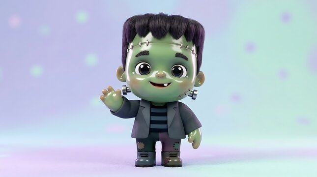 Friendly green cartoon monster with dark purple hair and neck bolts wearing a grey jacket waving happily against a soft pastel background during a bright daylight studio photography session