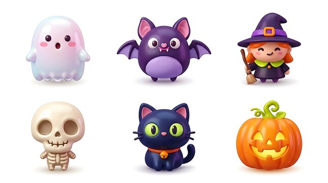Cute halloween icons set featuring friendly ghost vampire bat witch little skeleton black cat and glowing jack o lantern orange pumpkin characters rendered in a smooth glossy 3d design style