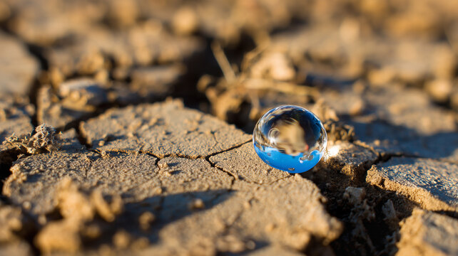 A single water droplet resting on cracked dry soil illustrates the effects of severe drought and the growing problem of global water scarcity.