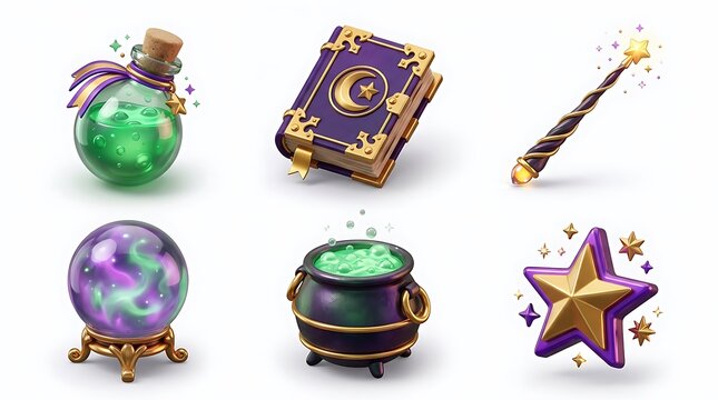 Magical elements set featuring glowing green potion bottle mystic spell book crystal ball bubbling cauldron golden star wand and purple star icon with sparkling magic dust on isolated clean background