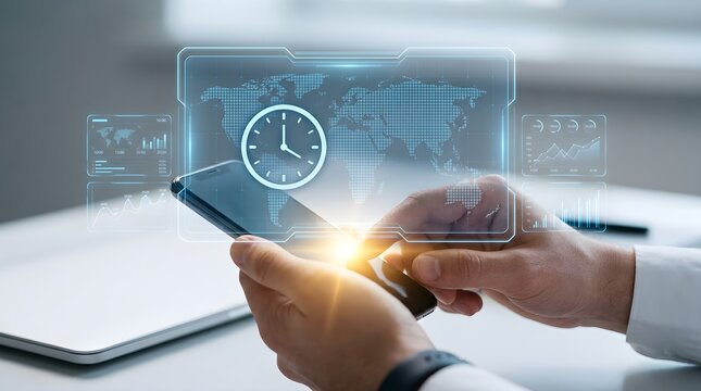 Hands holding smartphone with digital world clock interface and data