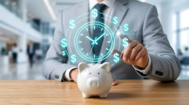 Businessman touching digital clock and dollar icons above white piggy