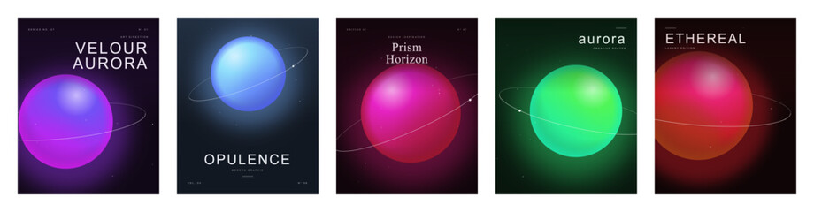 Cosmic planet abstract cover templates set. Vertical poster layouts with 3D gradient spheres, glowing orbital rings, aurora glow and dark starry space backgrounds © DUST MOTES
