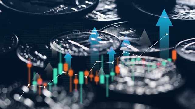 Financial growth chart over coins, rising candlestick graph and arrows on silver dollar money in dark studio